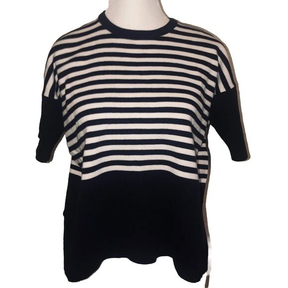 Vittadini Sport Navy White Oversized Striped Knit‎ Crop Top Cotton Nautical M - Picture 1 of 8